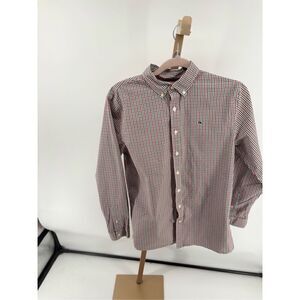 Vineyard Vines Boys Whale Shirt Cotton Red Green White Plaid Long Sleeve Size XL